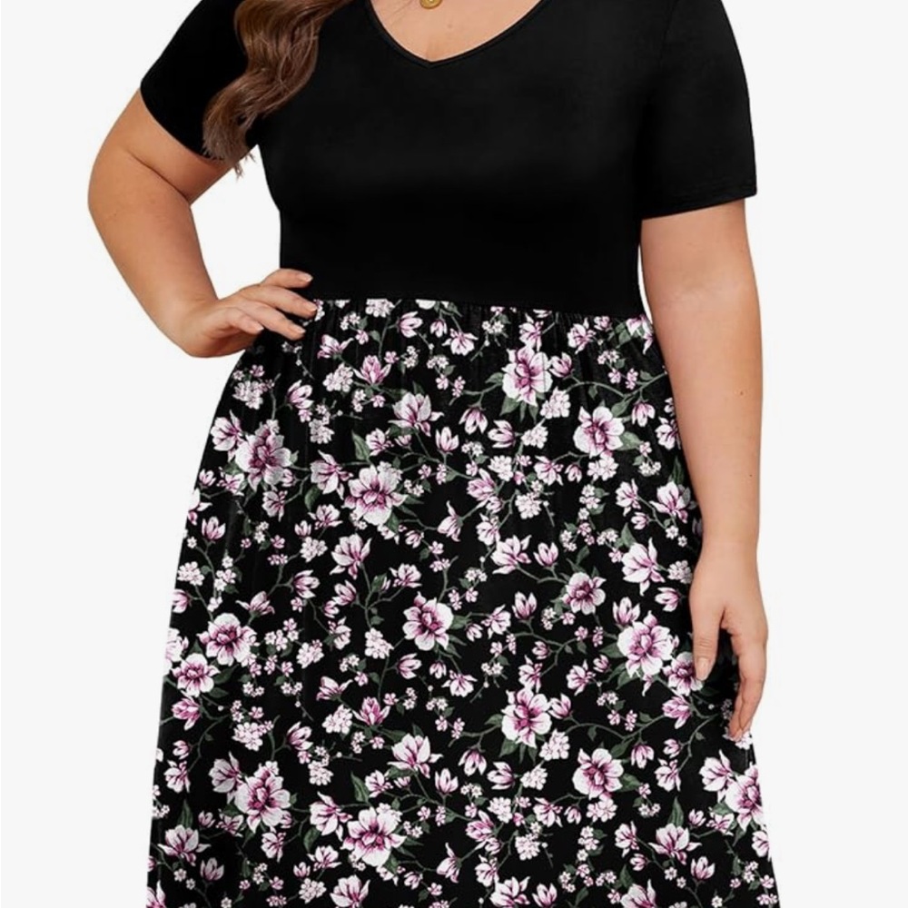 Women Plus Size V-Neck Dress Black and Pink Floral Dress